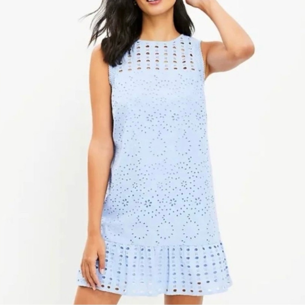 LOFT Light Blue Eyelet Flounce Shift Mini Dress
